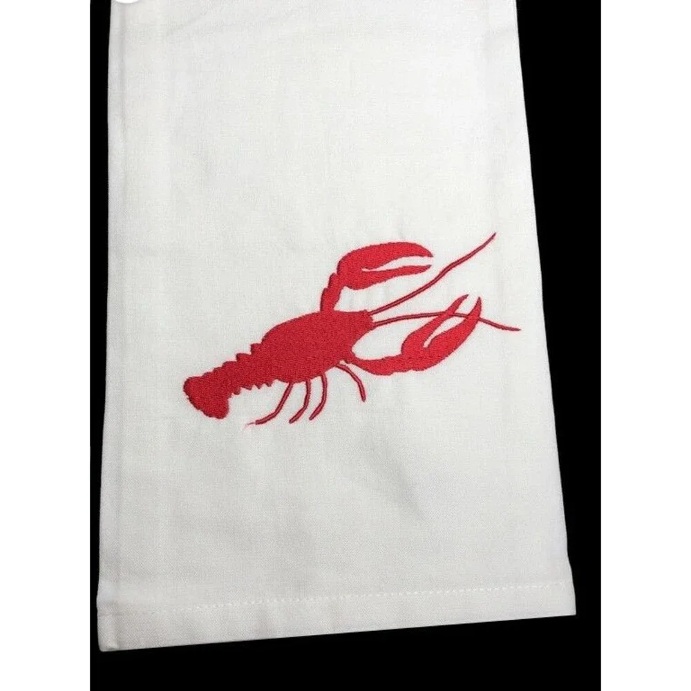 Nautical Kitchen Dish Towels Lobster Crab Embroidered Set of 2 Summer Red Blue